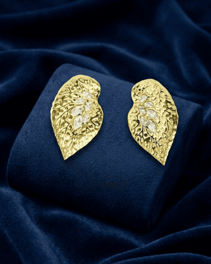 Textured Crystal Leaf Statement Studs Earring