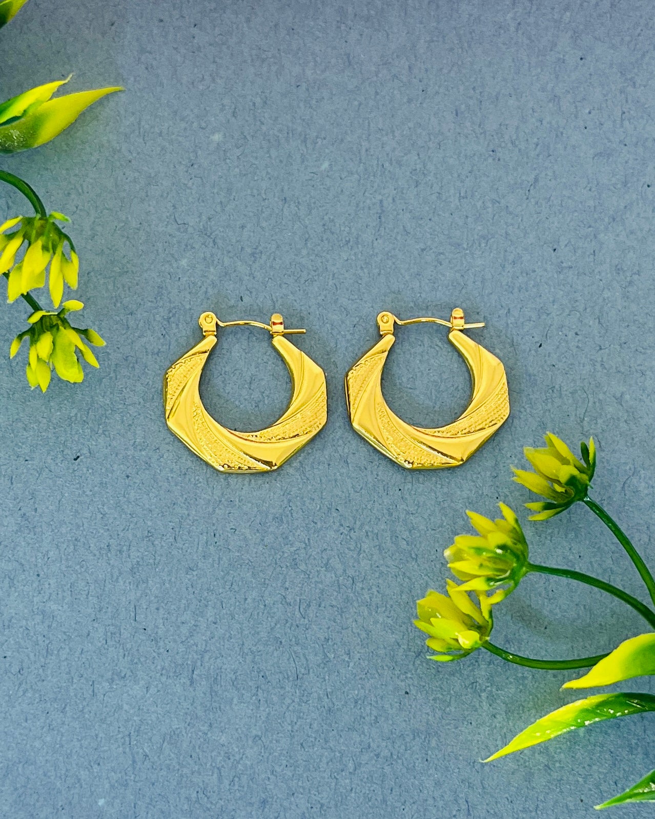 Engraved Hexagon Gold Hoops