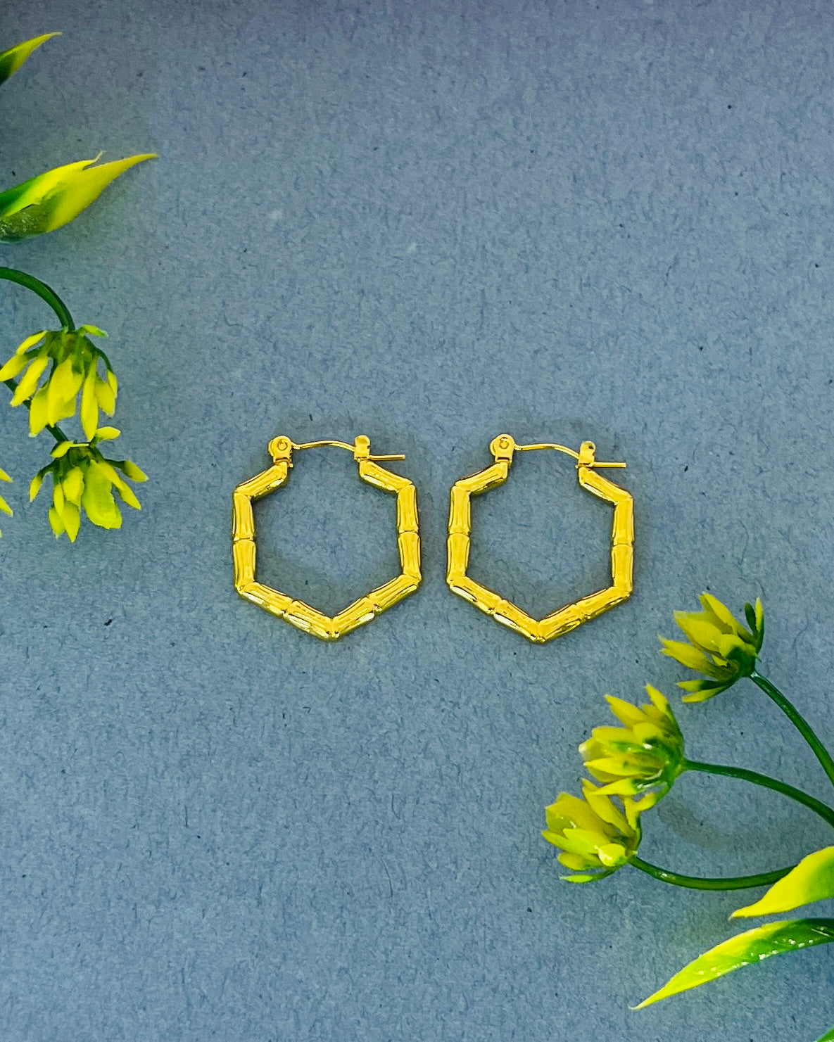 Bamboo Hexagon Gold Hoops