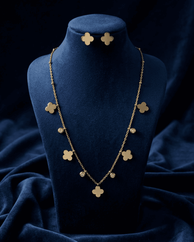 Gold Four-Leaf Clover Charm Set Necklace