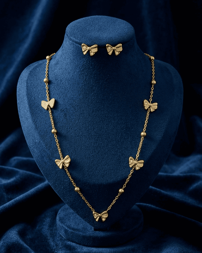 Gold Textured Ribbon Bow Set Necklace