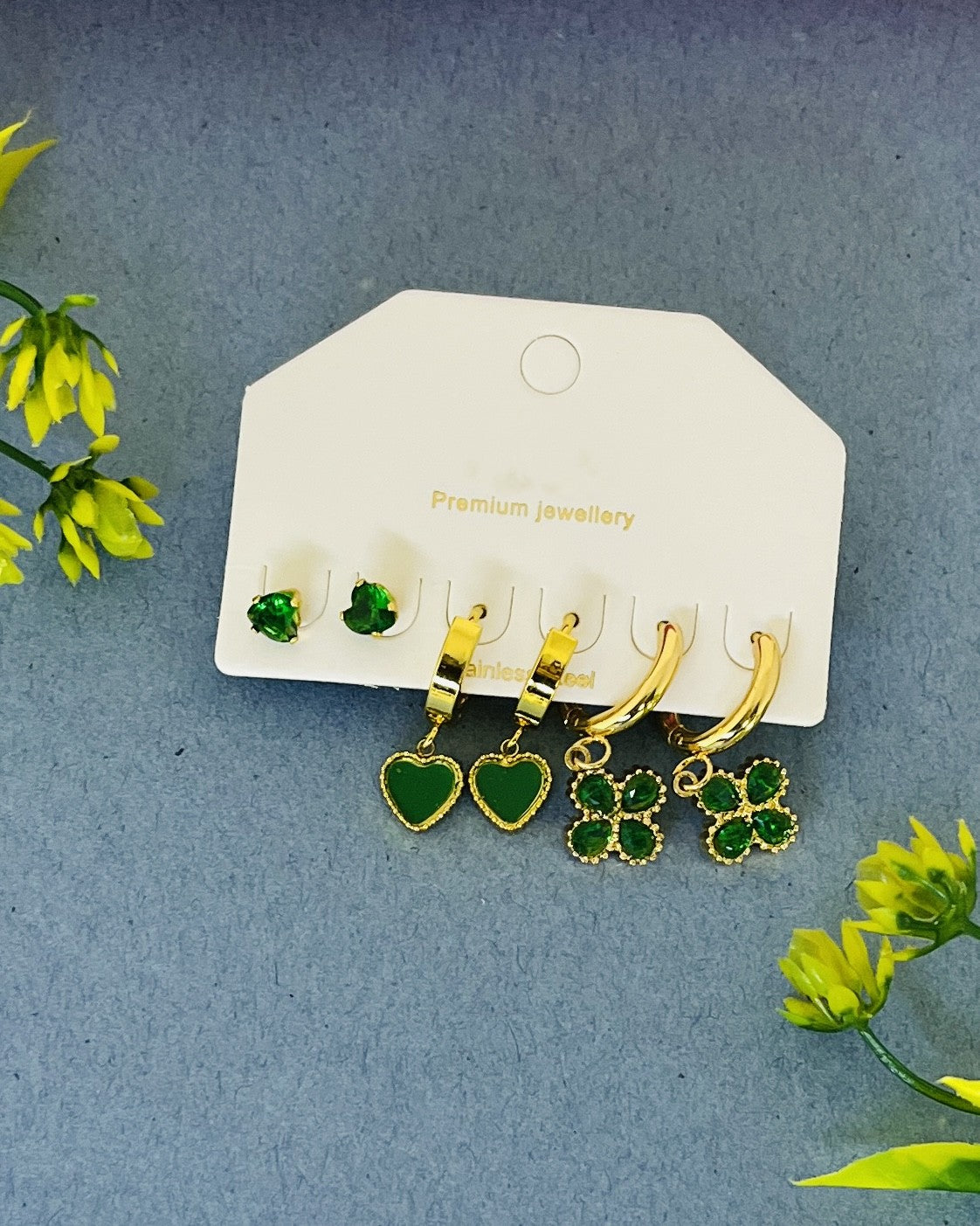 Emerald Envy Clover & Heart Earring Set