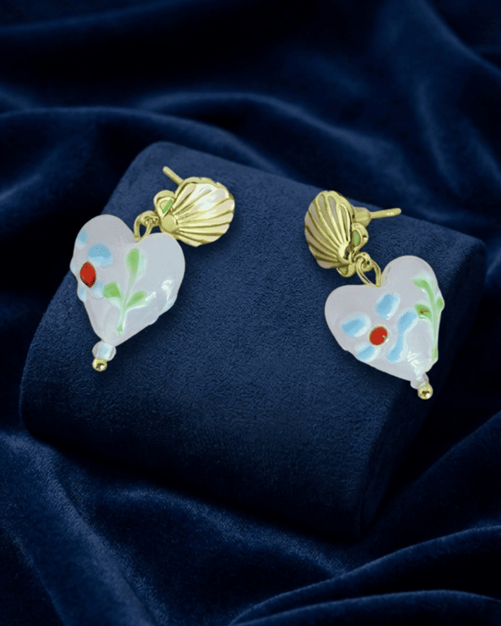 Shell & Painted Heart Drops Earring