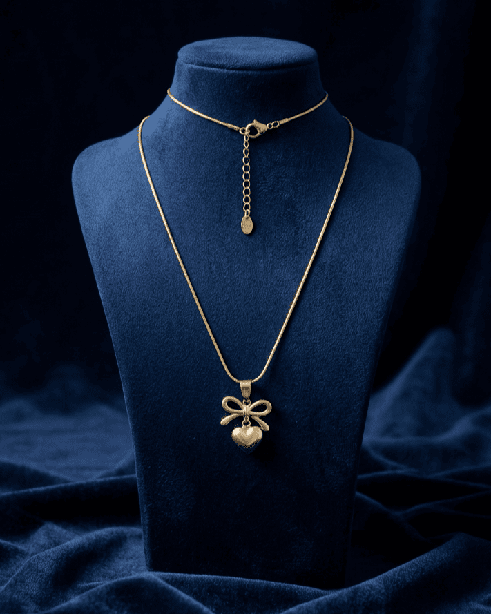 Gold Ribbon Bow & Puffy Heart Necklace