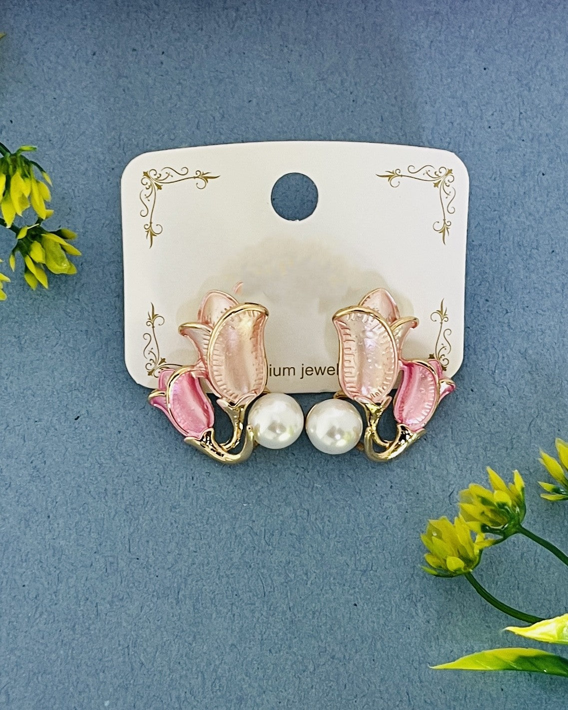 Pink Tulip & Pearl Drop Earrings