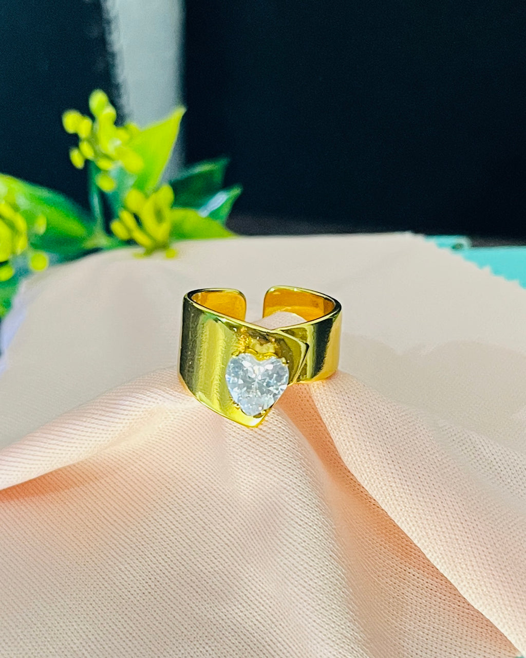 Wide Band Crystal Heart Ring