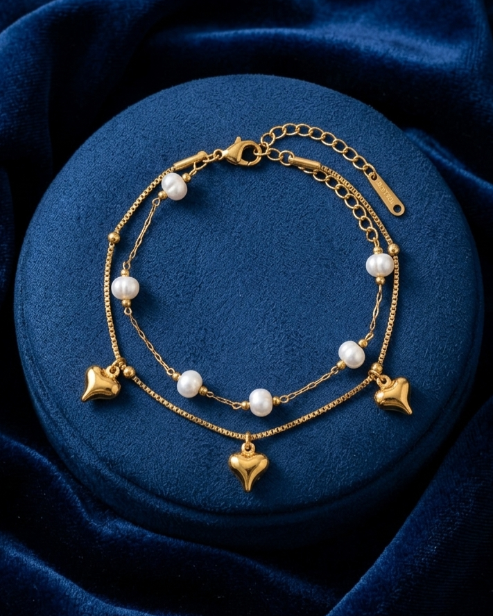 Pearl & Puffy Heart Layered Bracelet
