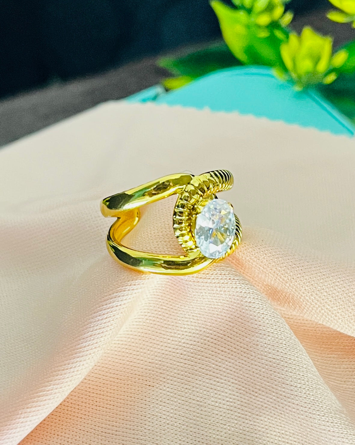 Ribbed Bypass Oval Solitaire Ring