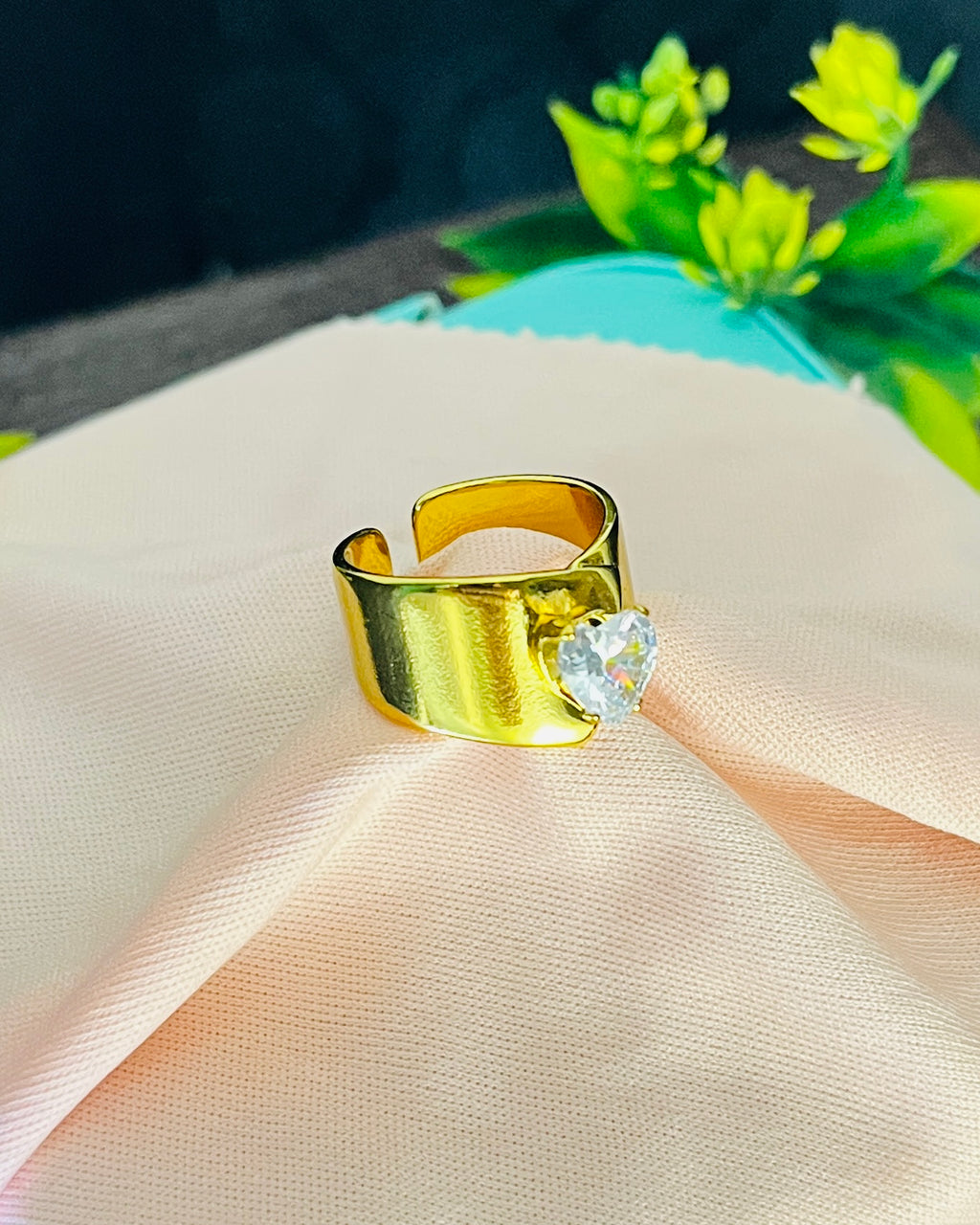 Wide Band Crystal Heart Ring