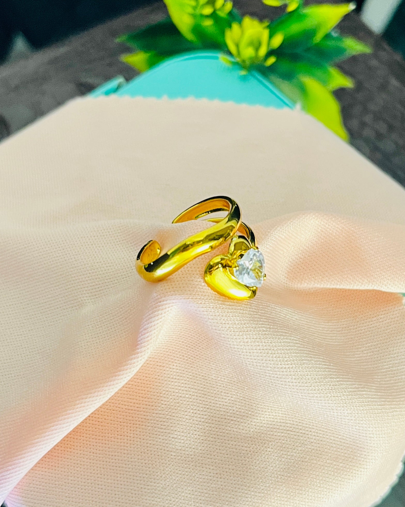 Golden Ribbon Heart Cuff Ring