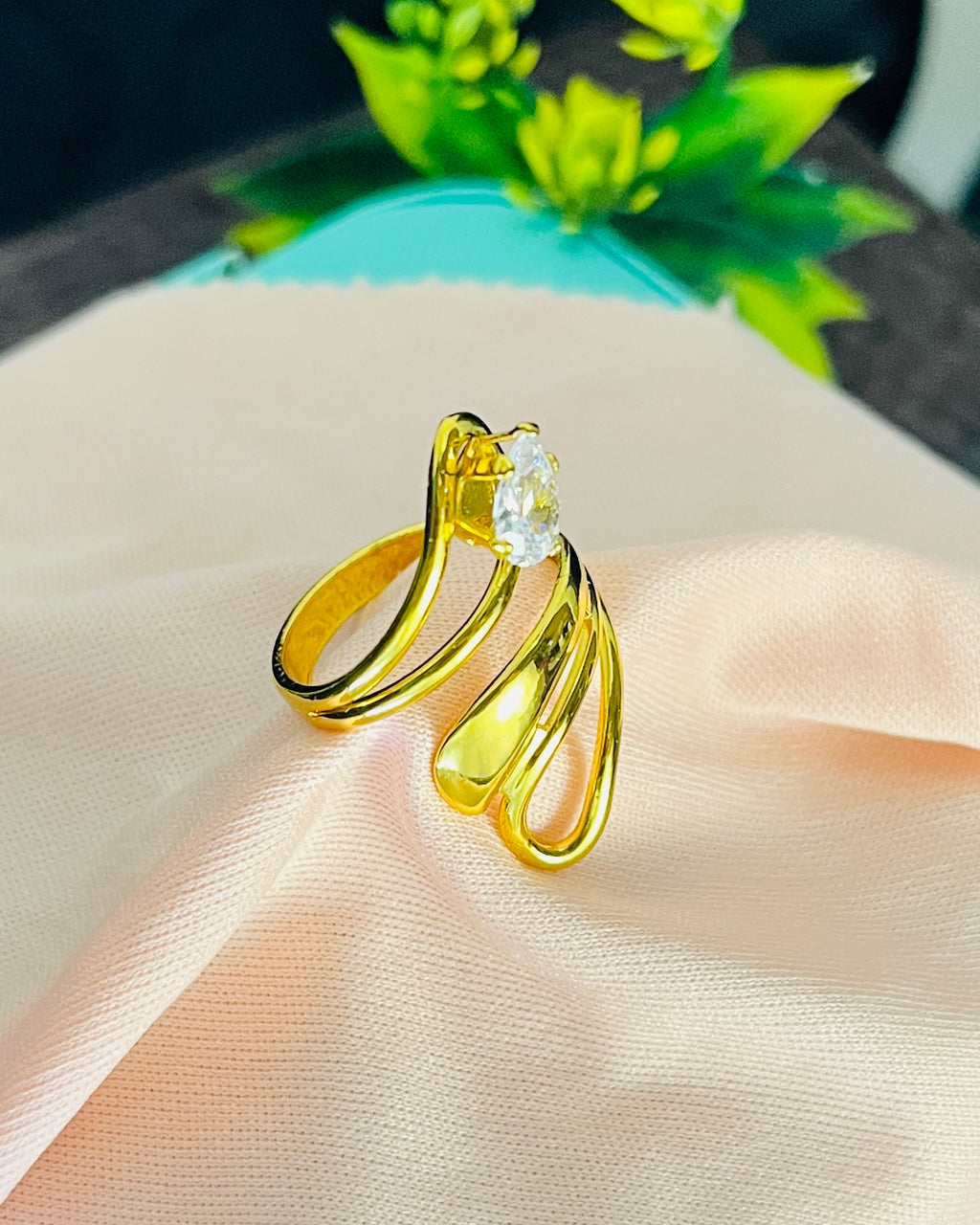 Pear Gem Feather Bypass Ring