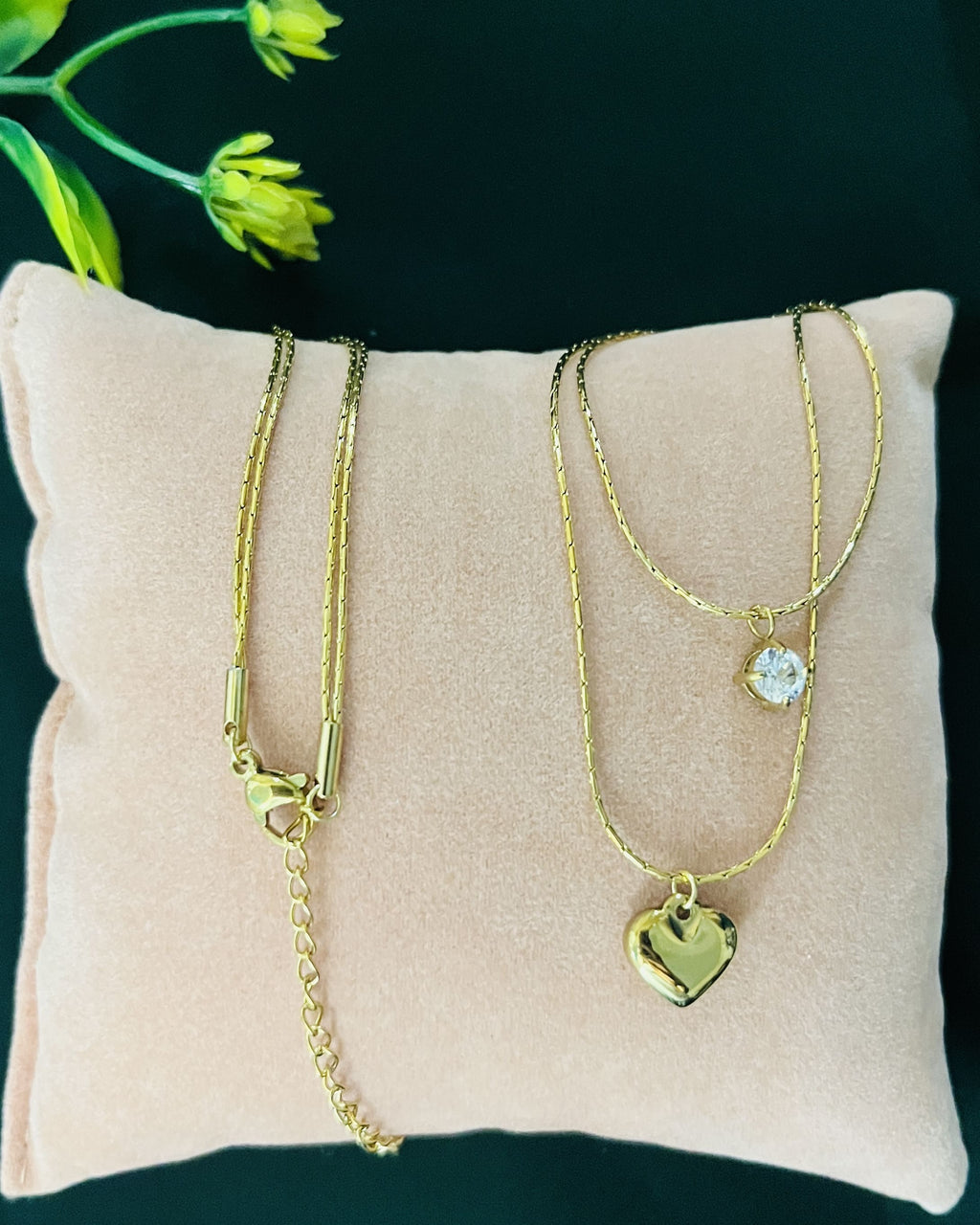 Layered Heart & Solitaire Chain Necklace